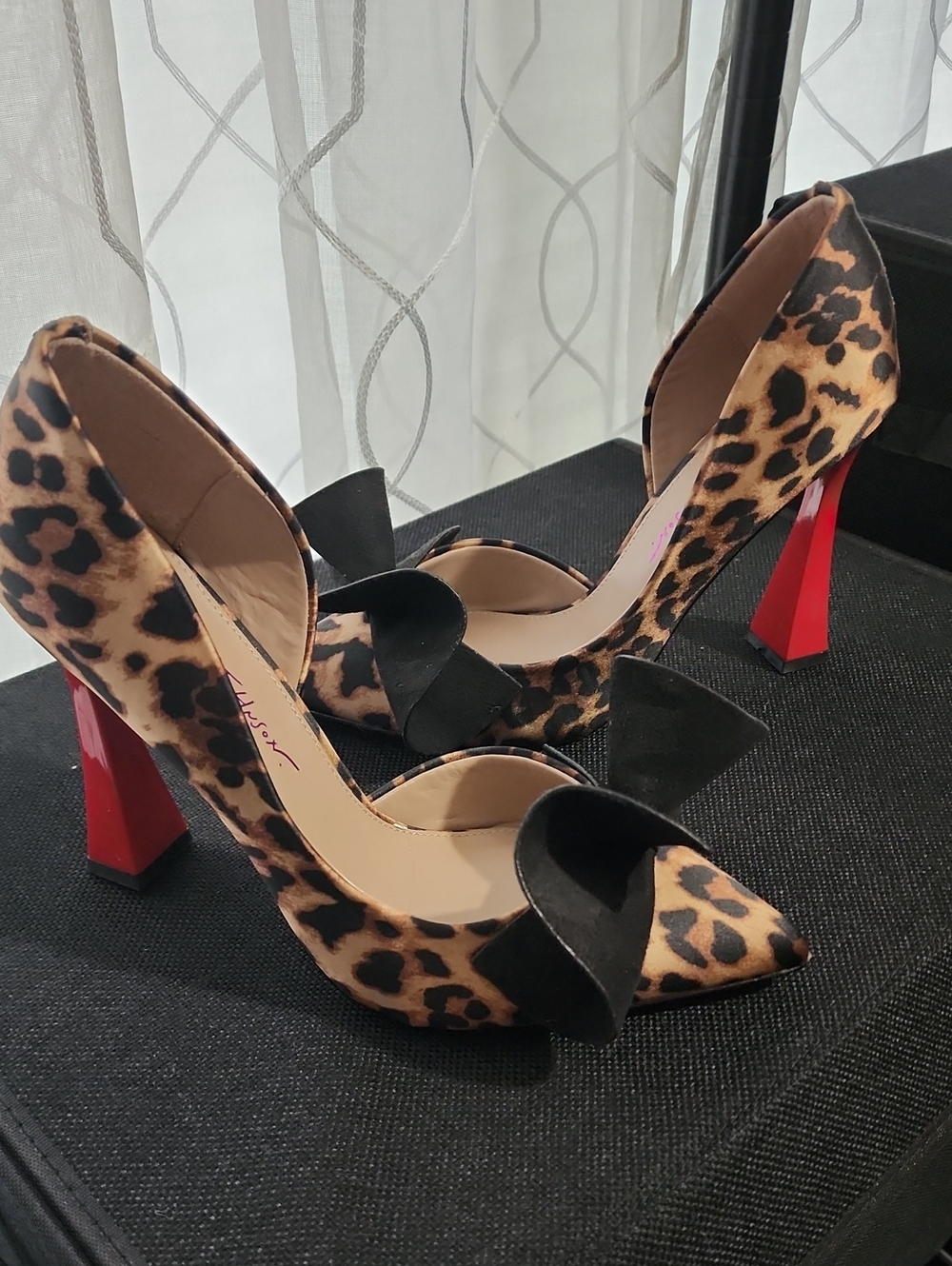 Betsy Johnsin Leopard Print Pointed Toe Pumps with Red Block Heel and Black Bow